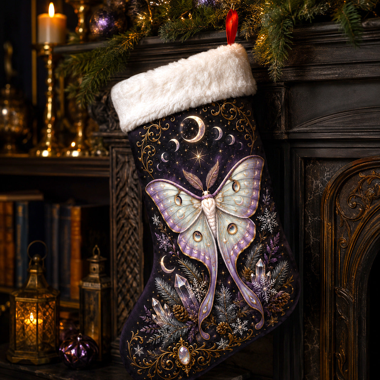 Luna Moth Christmas Stocking Pastel Celestial Witchy Yule Decor, styled shot 2