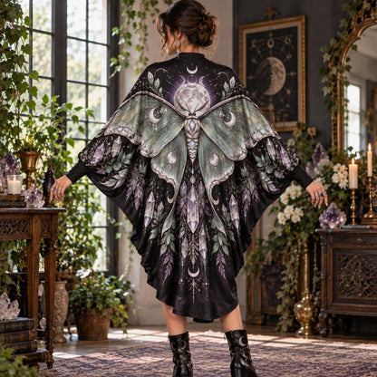 Luna Moth Crystal Moon Witchy Batwing Dress – Celestial Gothic Midi – worn, back view