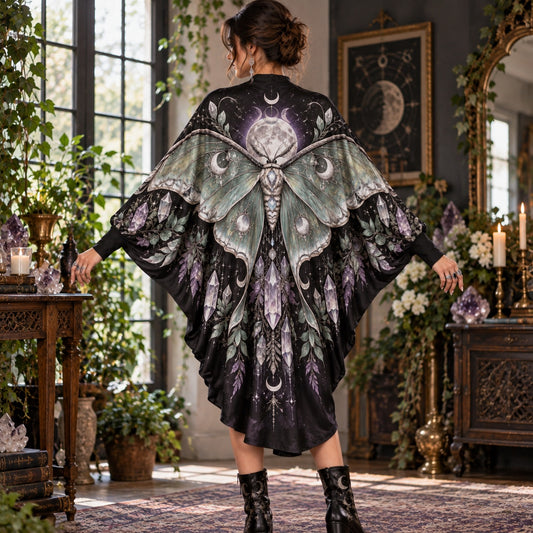 Luna Moth Crystal Moon Witchy Batwing Dress – Celestial Gothic Midi – worn, back view