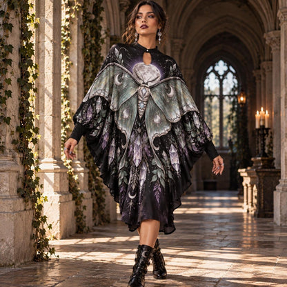 Luna Moth Crystal Moon Witchy Batwing Dress – Celestial Gothic Midi – worn, in motion