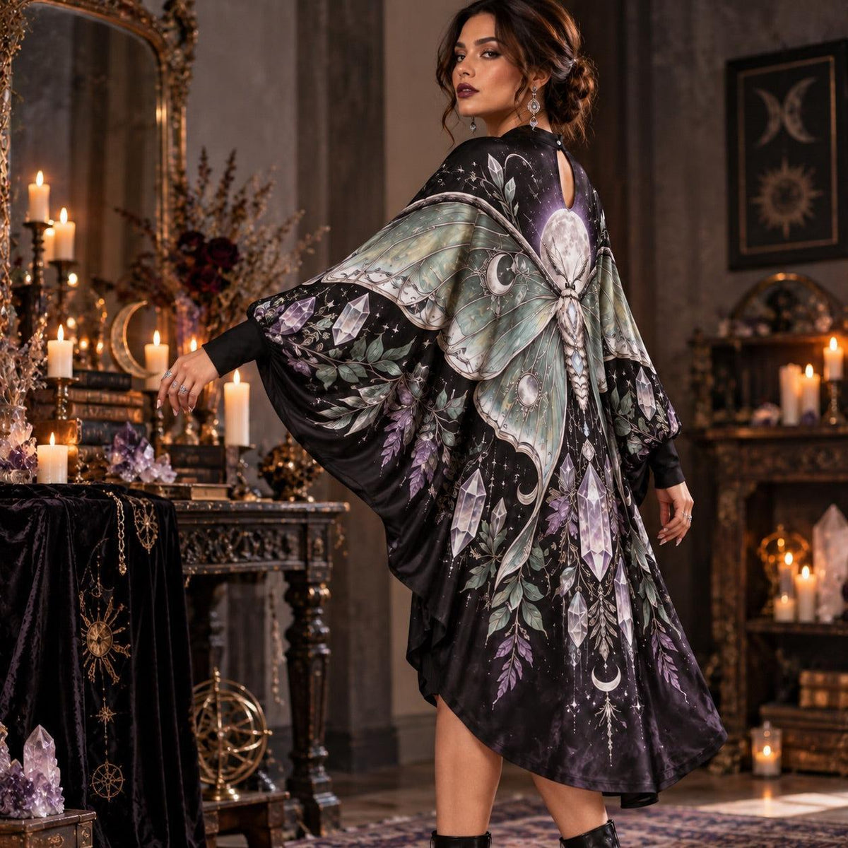 Luna Moth Crystal Moon Witchy Batwing Dress – Celestial Gothic Midi – worn, three quarter view