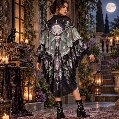 Luna Moth Crystal Moon Witchy Batwing Dress – Celestial Gothic Midi – worn, back view