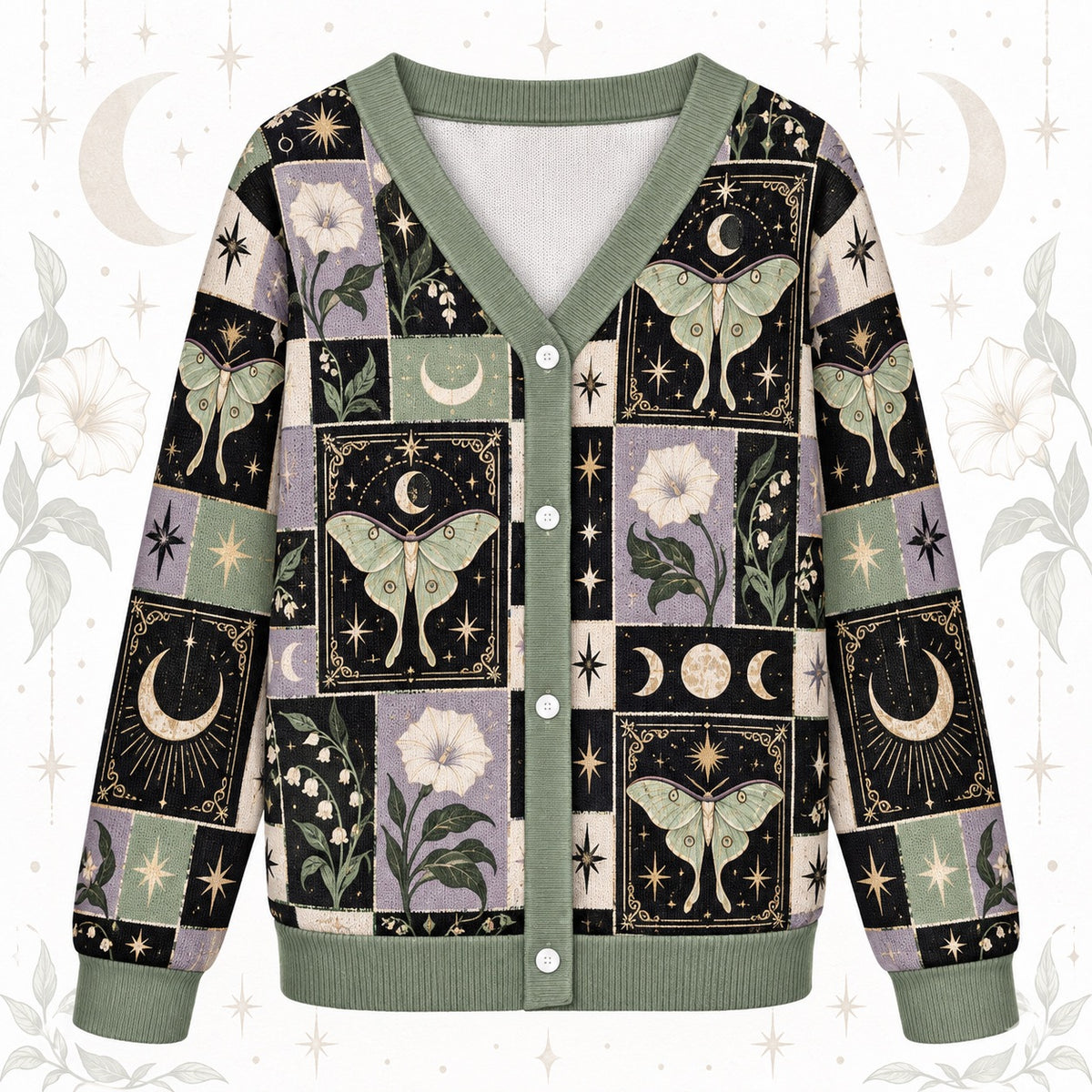 Luna Moth Lily of the Valley Tarot Patchwork Cardigan for Women Sage, front view