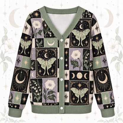 Luna Moth Lily of the Valley Tarot Patchwork Cardigan for Women Sage, front view