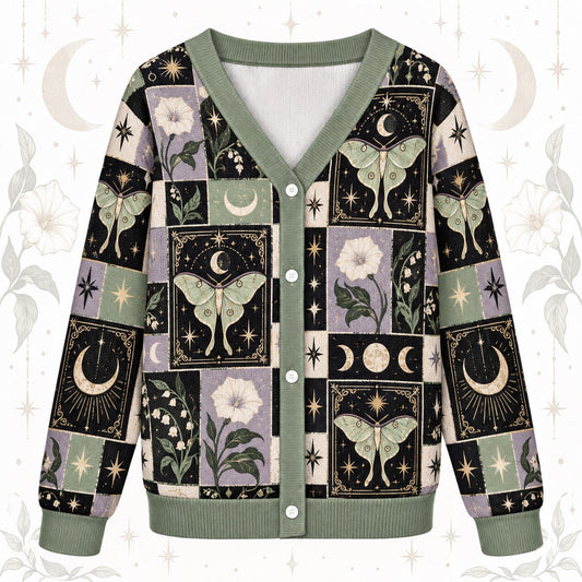 Luna Moth Lily of the Valley Tarot Patchwork Cardigan for Women Sage, front view