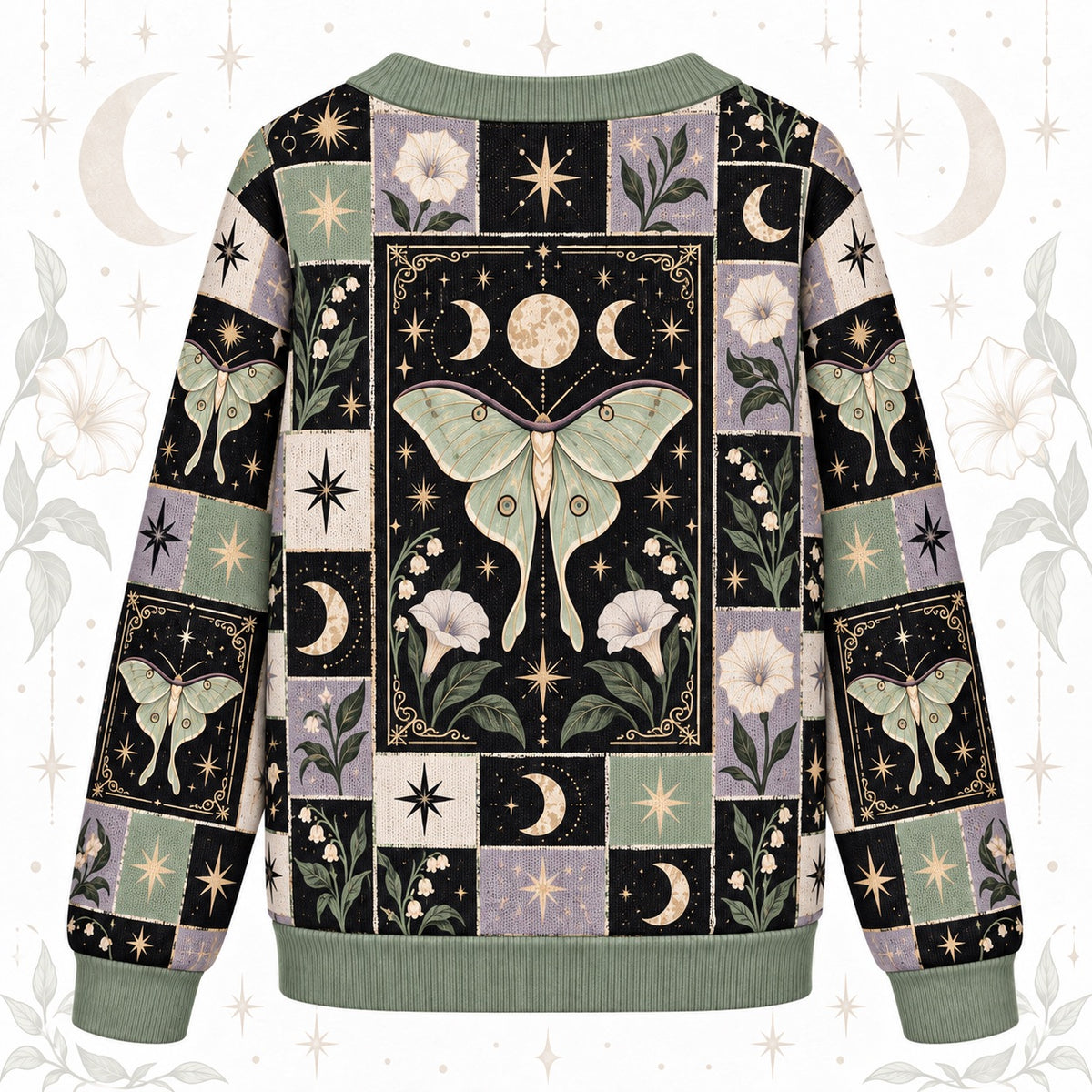 Luna Moth Lily of the Valley Tarot Patchwork Cardigan for Women Sage, back view