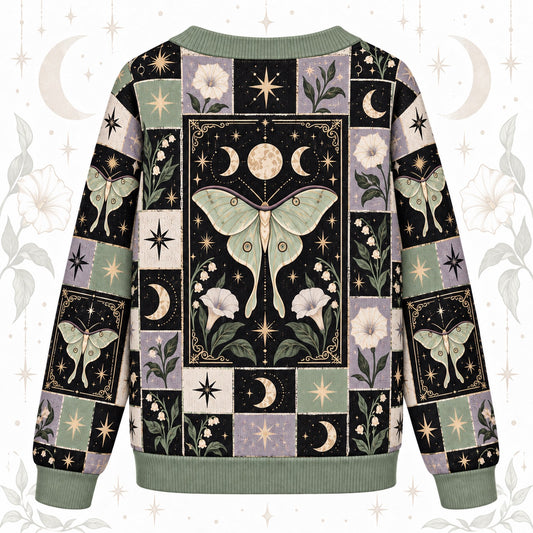 Luna Moth Lily of the Valley Tarot Patchwork Cardigan for Women Sage, back view