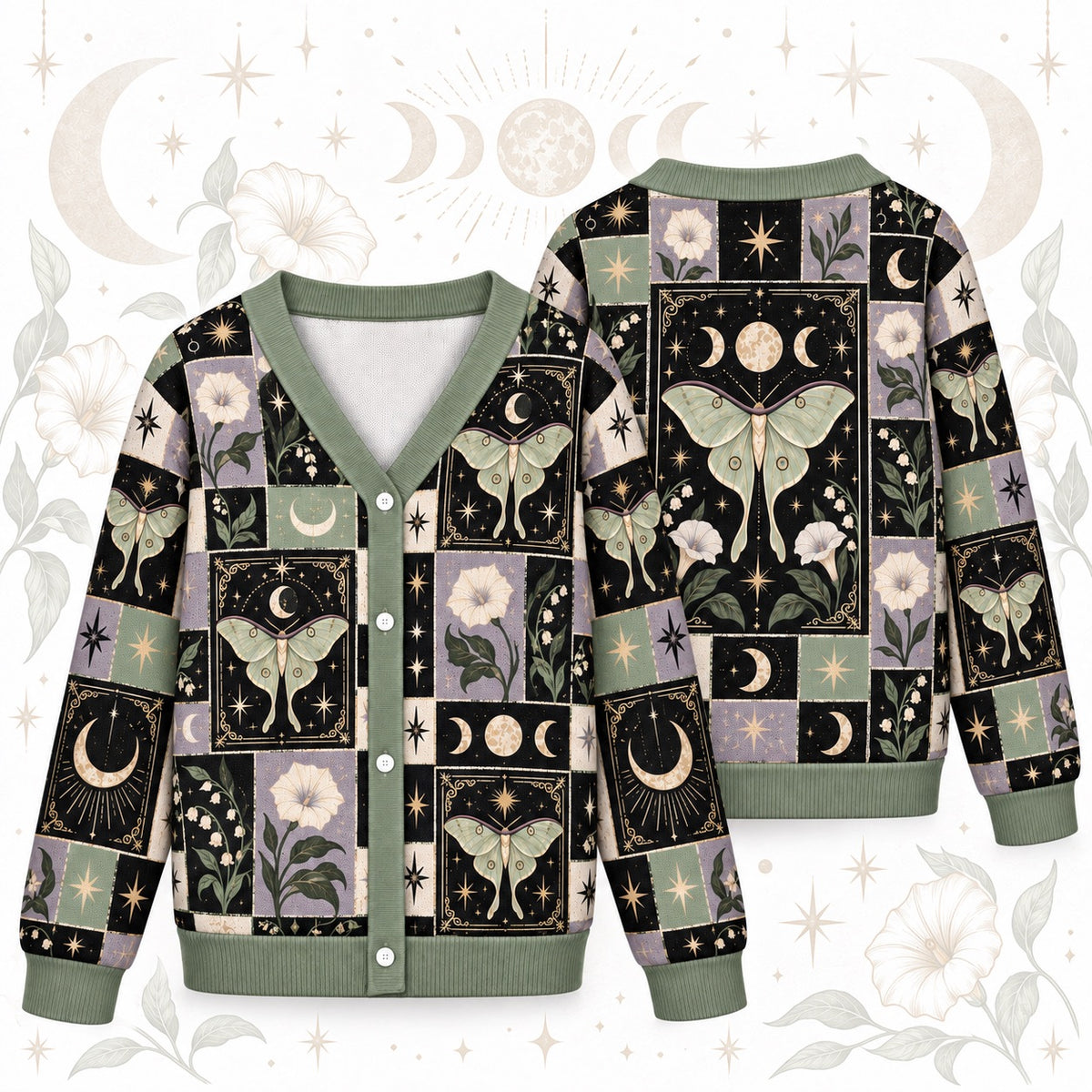 Luna Moth Lily of the Valley Tarot Patchwork Cardigan for Women Sage, front and back shown together
