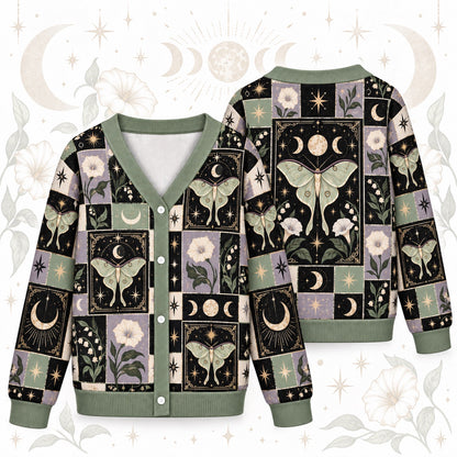 Luna Moth Lily of the Valley Tarot Patchwork Cardigan for Women Sage, front and back shown together