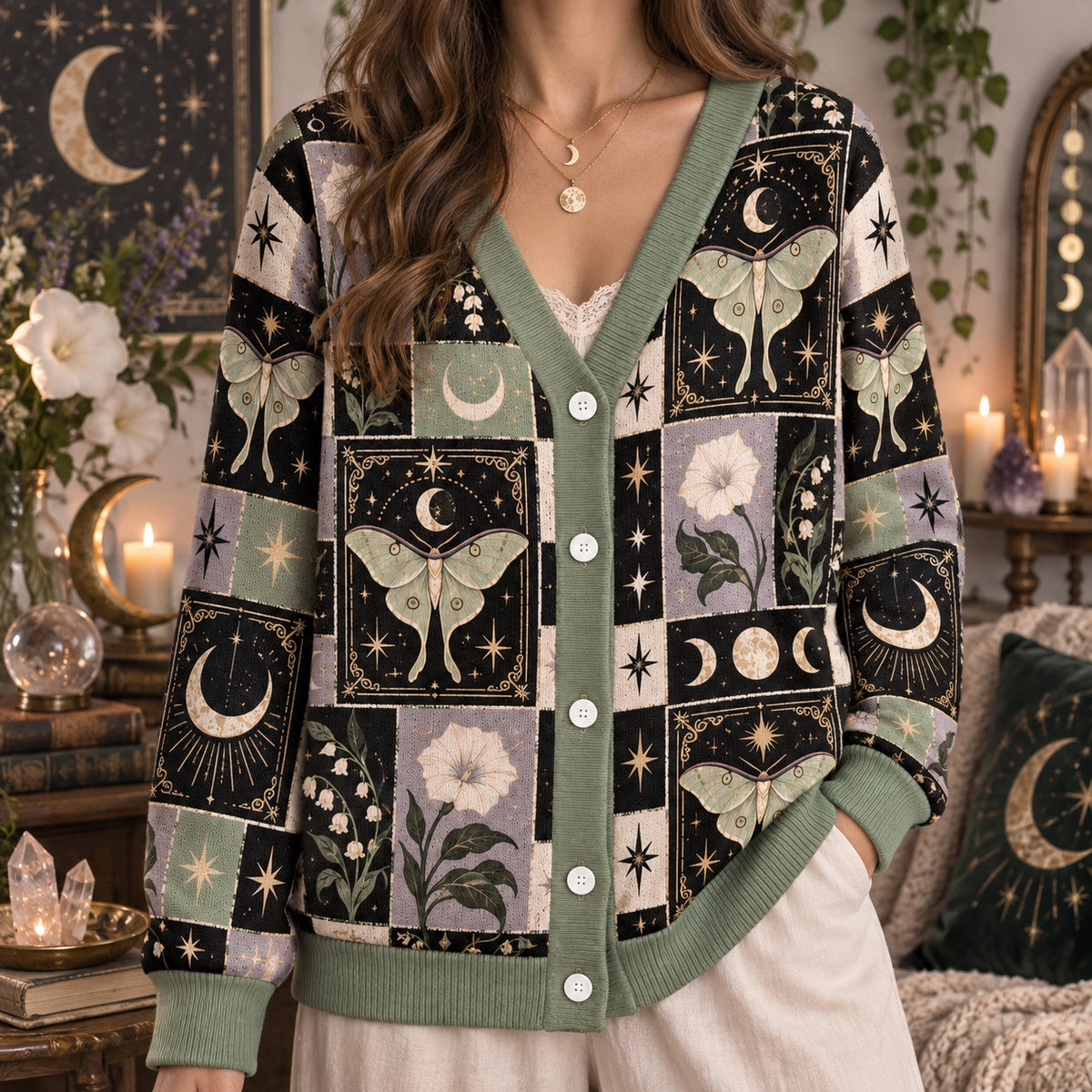 Luna Moth Lily of the Valley Tarot Patchwork Cardigan for Women Sage, worn, front view