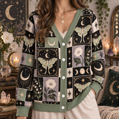 Luna Moth Lily of the Valley Tarot Patchwork Cardigan for Women Sage, worn, front view