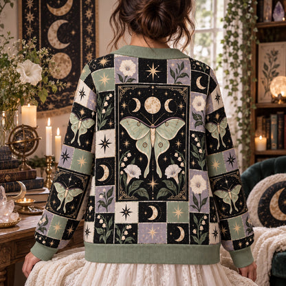 Luna Moth Lily of the Valley Tarot Patchwork Cardigan for Women Sage, worn, back view