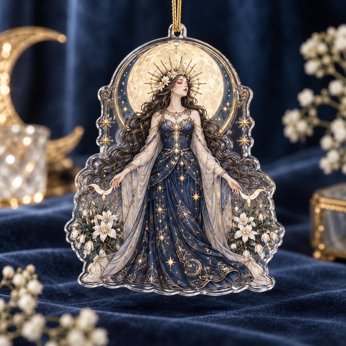 Lunar Goddess Celestial Acrylic Ornament Set – Moon Yule Christmas Decor – Full Moon Empress ornament