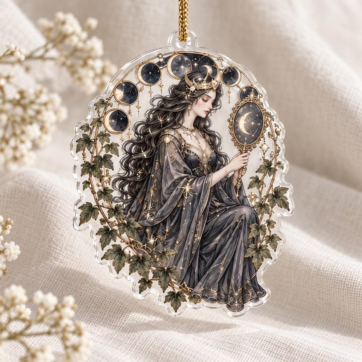 Lunar Goddess Celestial Acrylic Ornament Set – Moon Yule Christmas Decor – Waning Moon Oracle ornament