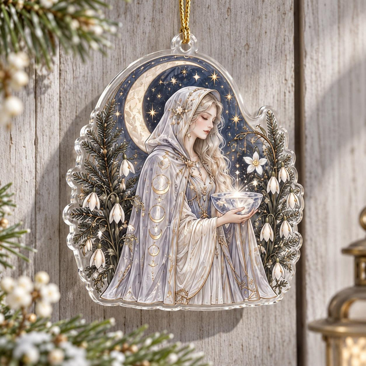 Lunar Goddess Celestial Acrylic Ornament Set – Moon Yule Christmas Decor – Winter Moon Priestess ornament