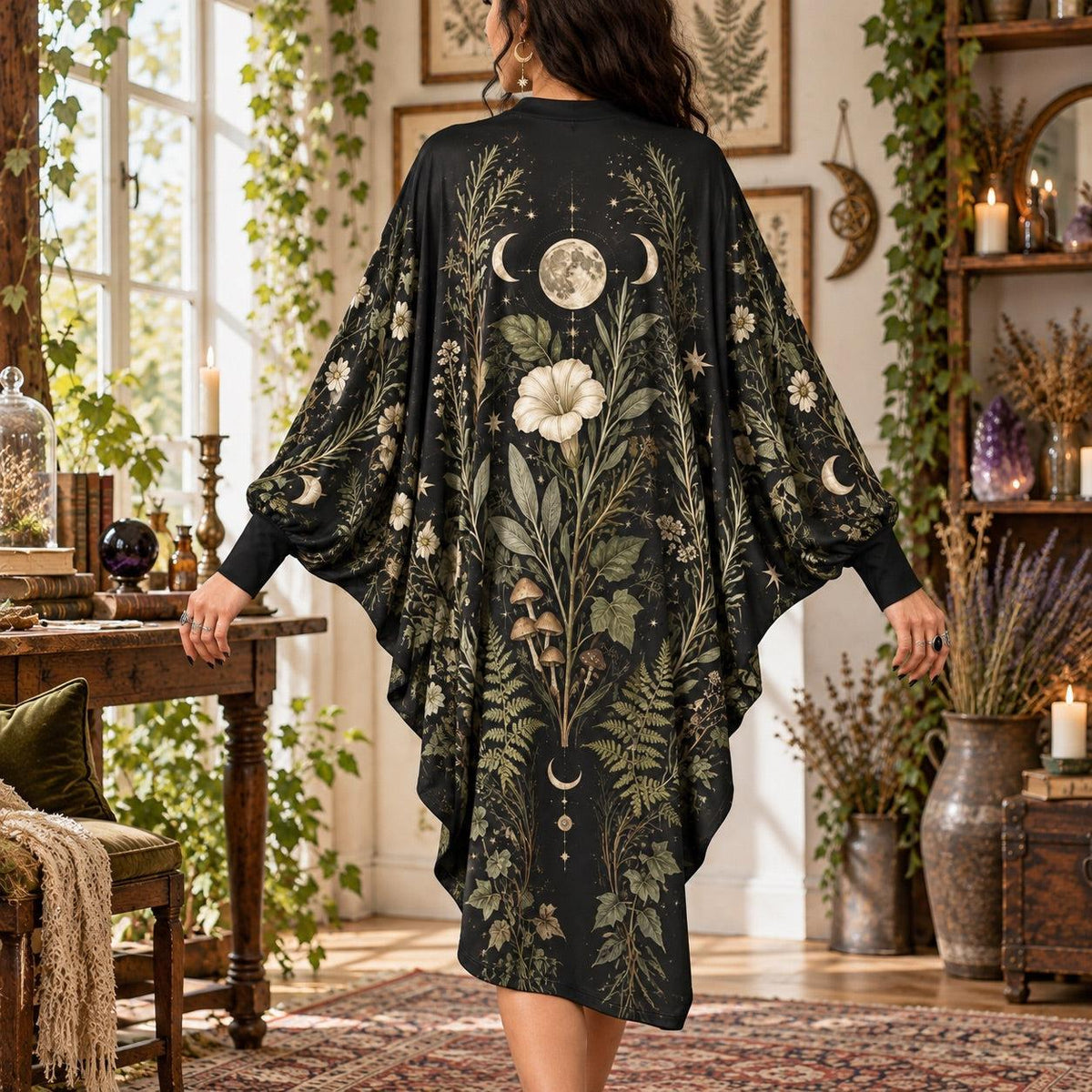 Lunar Herbarium Witchy Batwing Dress – Pagan Botanical Moon Midi – worn, back view
