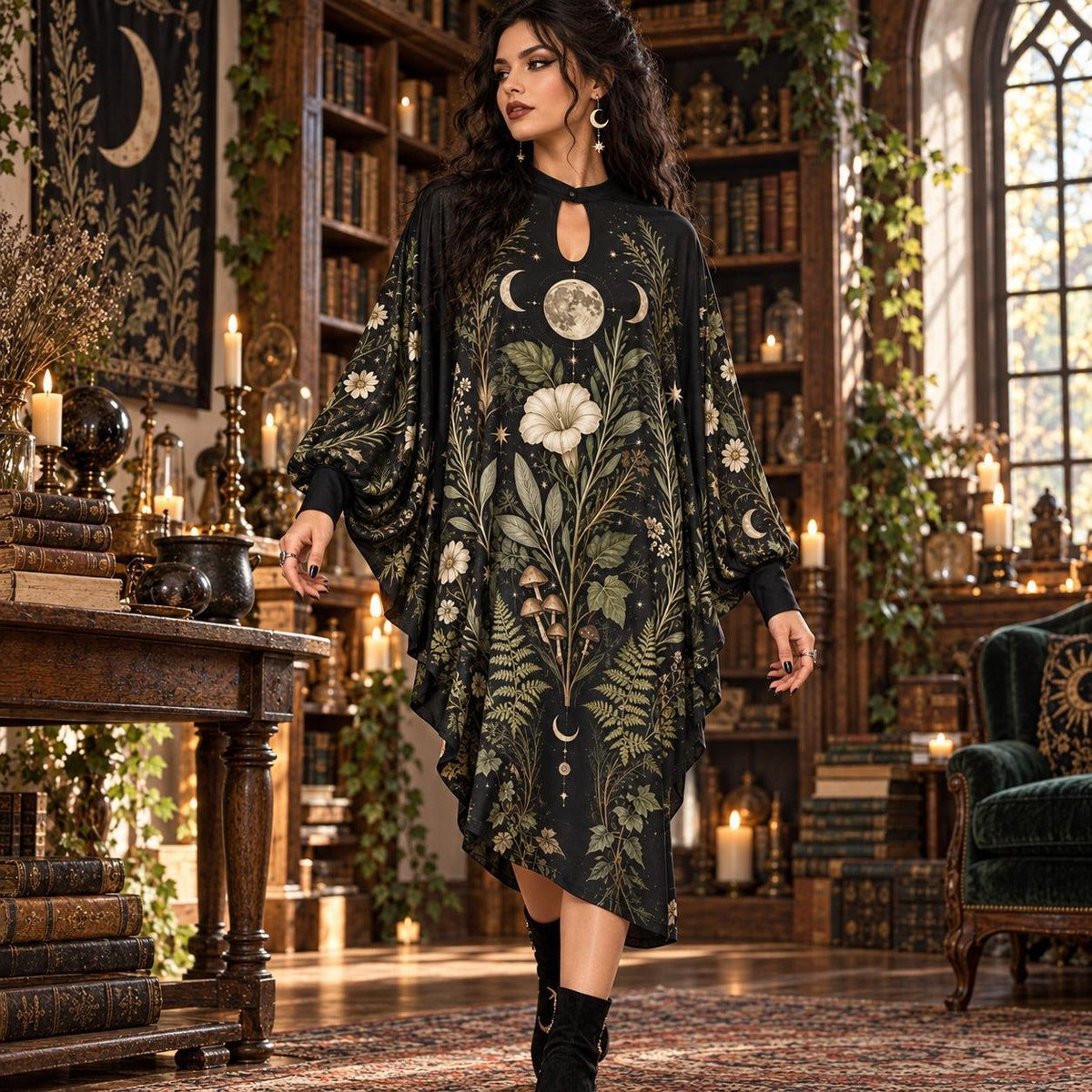 Lunar Herbarium Witchy Batwing Dress – Pagan Botanical Moon Midi – worn, in motion