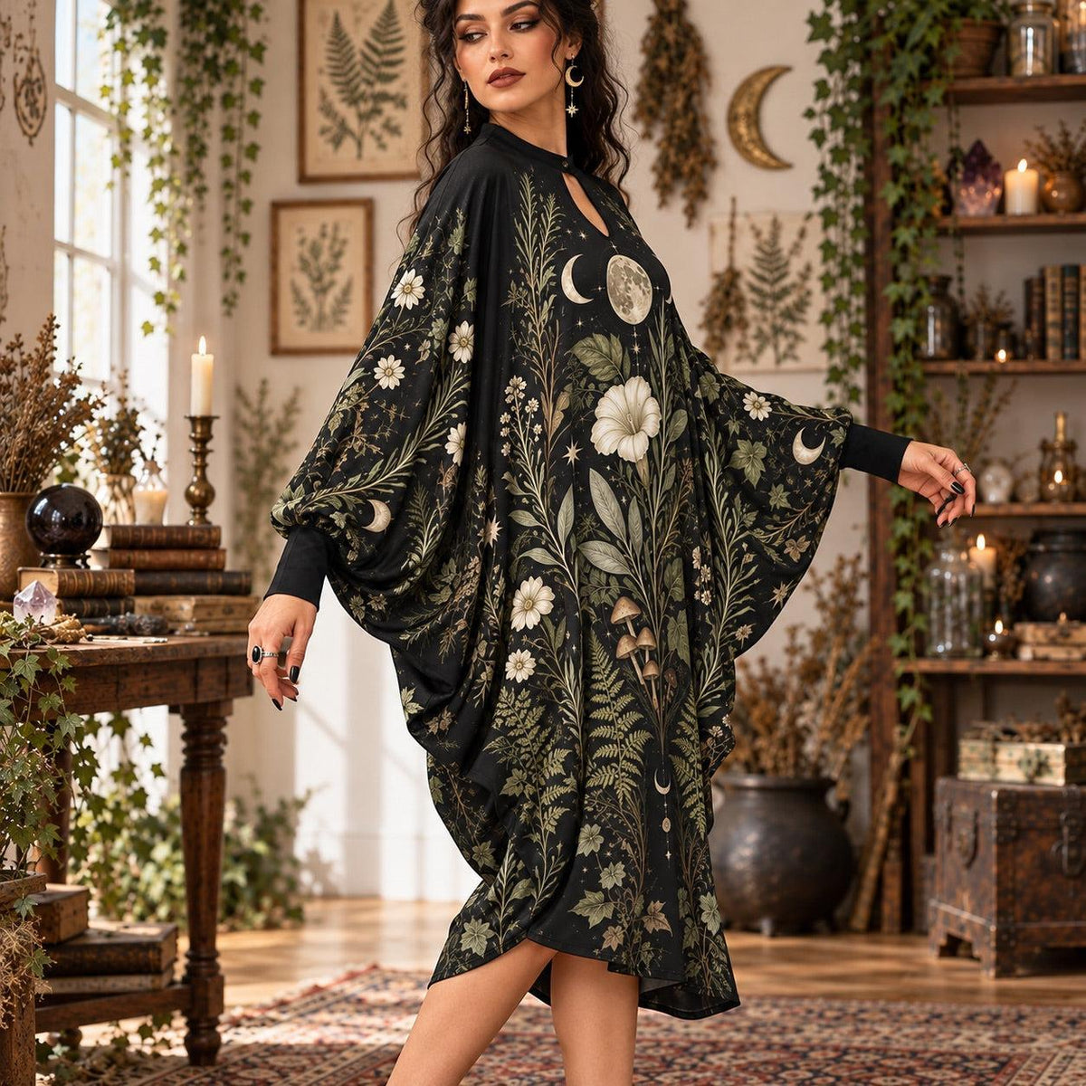 Lunar Herbarium Witchy Batwing Dress – Pagan Botanical Moon Midi – worn, three quarter view