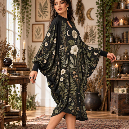 Lunar Herbarium Witchy Batwing Dress – Pagan Botanical Moon Midi – worn, three quarter view