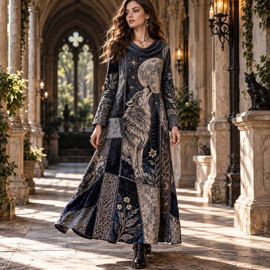 Lunar Wolf Prophecy Witchy Cowl Neck Dress – Pagan Moon Maxi – worn, in motion