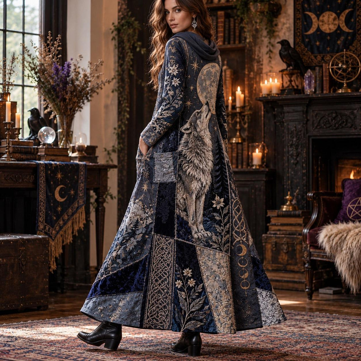 Lunar Wolf Prophecy Witchy Cowl Neck Dress – Pagan Moon Maxi – worn, three quarter view