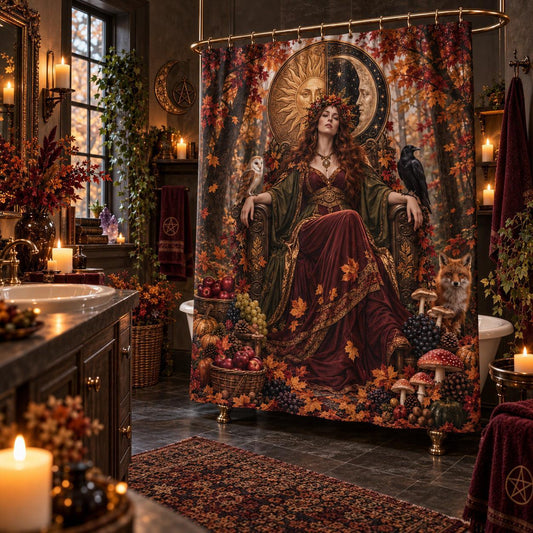Mabon Shower Curtain - Autumn Harvest Goddess Pagan Decor, styled shot 2