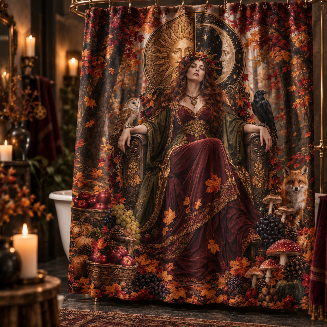 Mabon Shower Curtain - Autumn Harvest Goddess Pagan Decor, styled shot 4