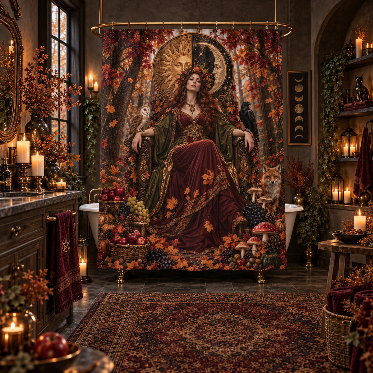 Mabon Shower Curtain - Autumn Harvest Goddess Pagan Decor, styled shot 5