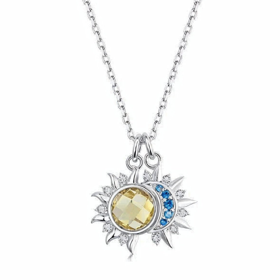 Sun Moon Necklace Blue CZ Yellow Crystal Necklace