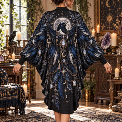 Magpie Moon Witchy Batwing Dress – Celestial Keys Gothic Midi – worn, back view