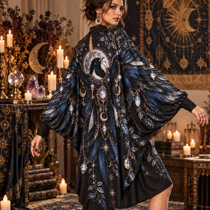 Magpie Moon Witchy Batwing Dress – Celestial Keys Gothic Midi – worn, three quarter view