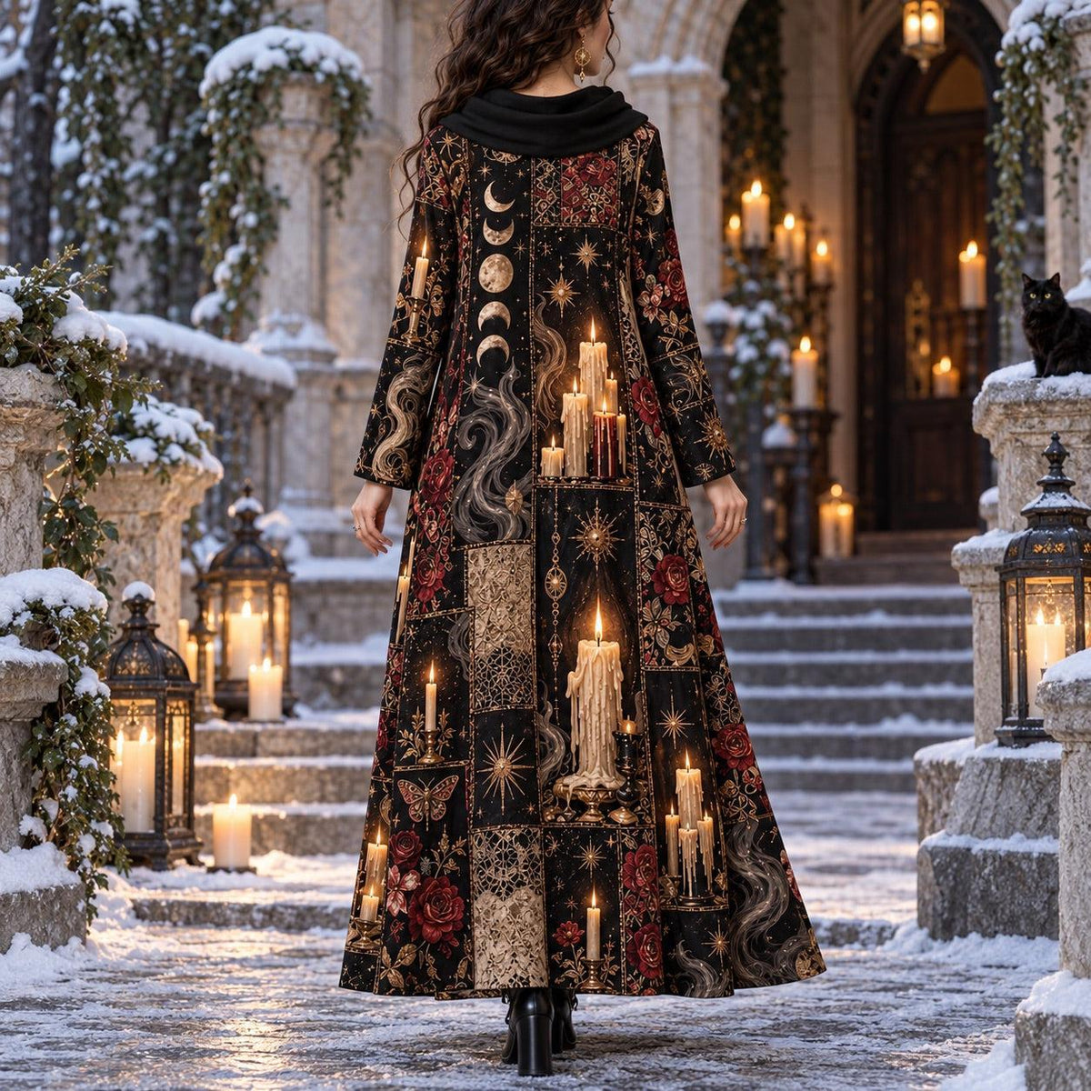 Midnight Candle Coven Witchy Cowl Neck Dress – Gothic Moon Maxi – worn, back view