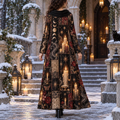 Midnight Candle Coven Witchy Cowl Neck Dress – Gothic Moon Maxi – worn, back view
