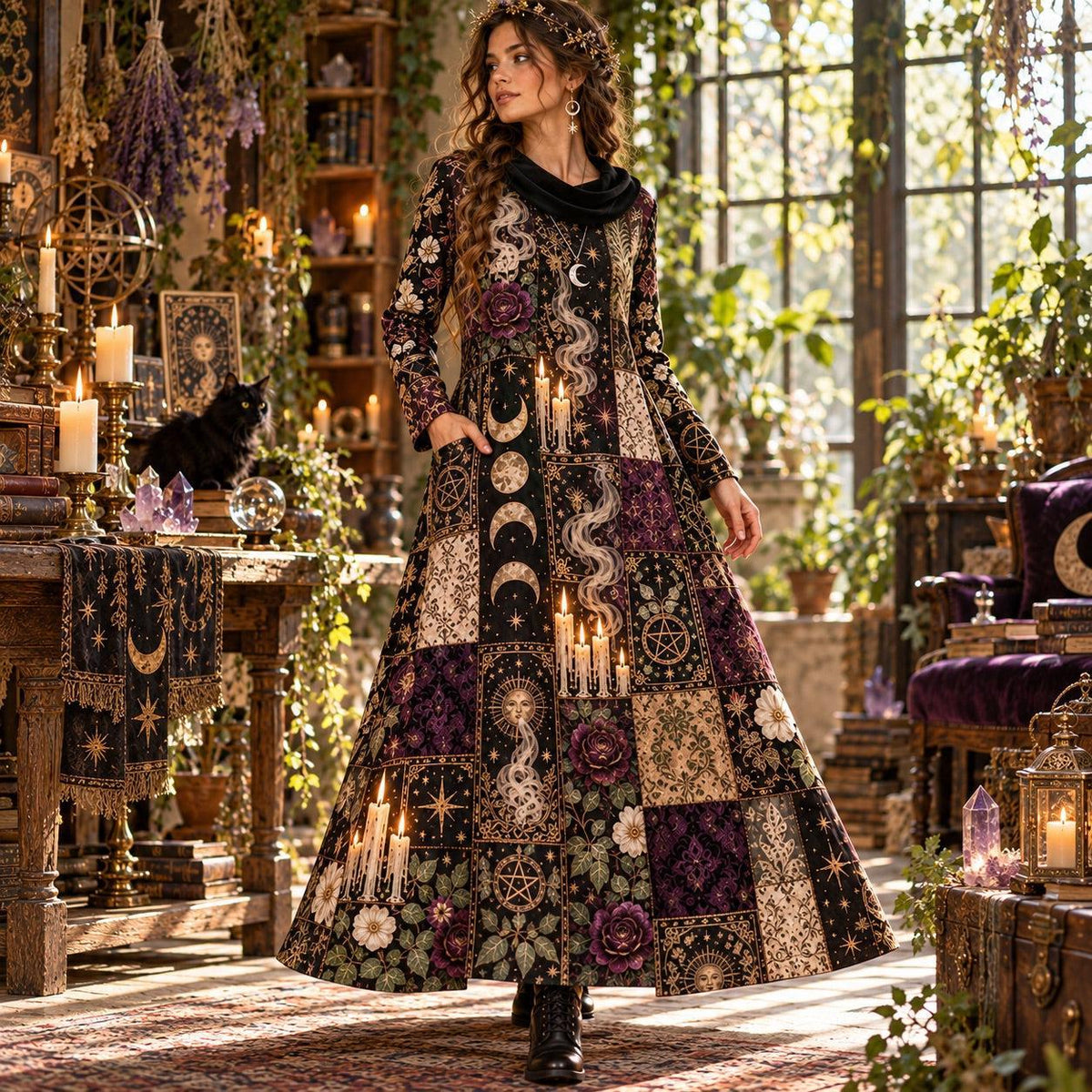 Midnight Tarot Coven Witchy Cowl Neck Dress – Gothic Candle Maxi – worn, in motion