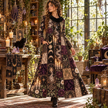 Midnight Tarot Coven Witchy Cowl Neck Dress – Gothic Candle Maxi – worn, in motion