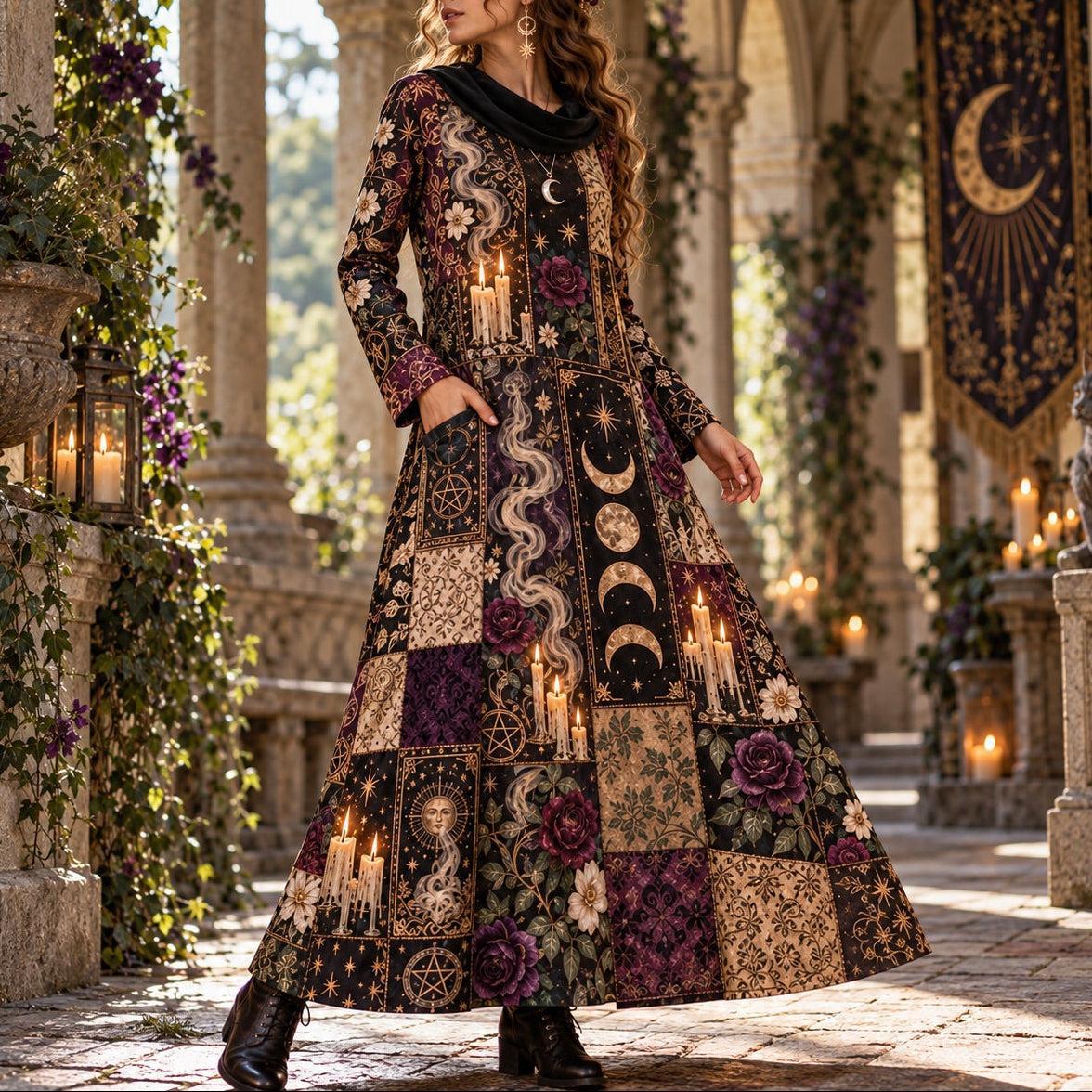 Midnight Tarot Coven Witchy Cowl Neck Dress – Gothic Candle Maxi – worn, three quarter view