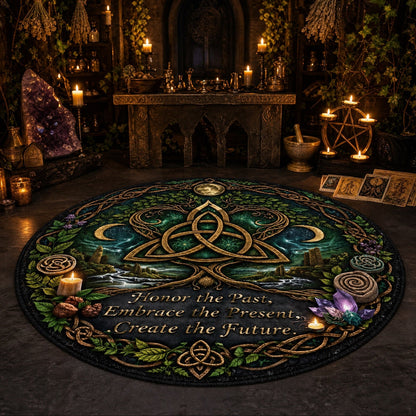 A large round black altar rug with a detailed green and gold Celtic triquetra design, surrounded by candles, crystals, and mystical props in a dark, atmospheric gothic room.