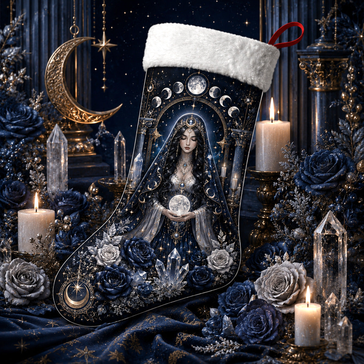 Moon Goddess Christmas Stocking Blue Rose Wiccan Selene Decor, styled shot 2