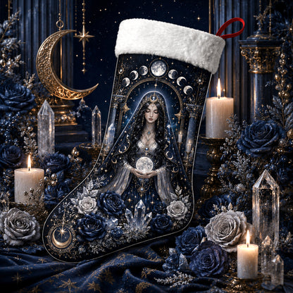 Moon Goddess Christmas Stocking Blue Rose Wiccan Selene Decor, styled shot 2