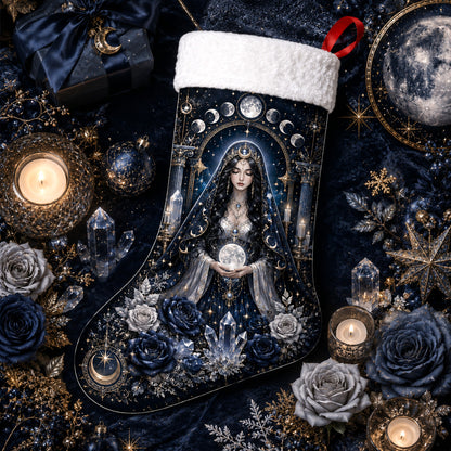 Moon Goddess Christmas Stocking Blue Rose Wiccan Selene Decor, styled shot 3