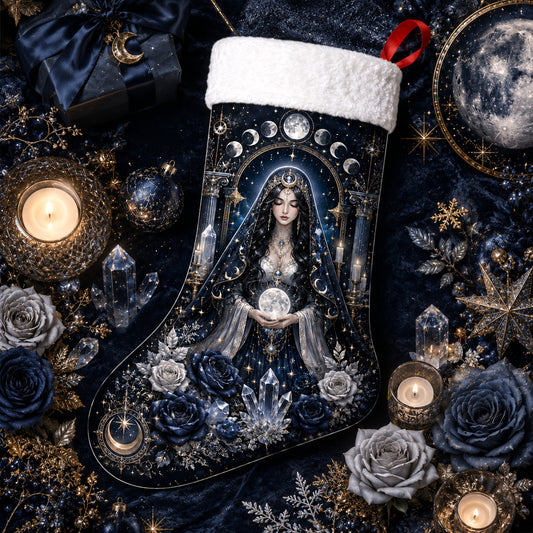 Moon Goddess Christmas Stocking Blue Rose Wiccan Selene Decor, styled shot 3