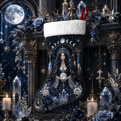 Moon Goddess Christmas Stocking Blue Rose Wiccan Selene Decor, styled shot 4