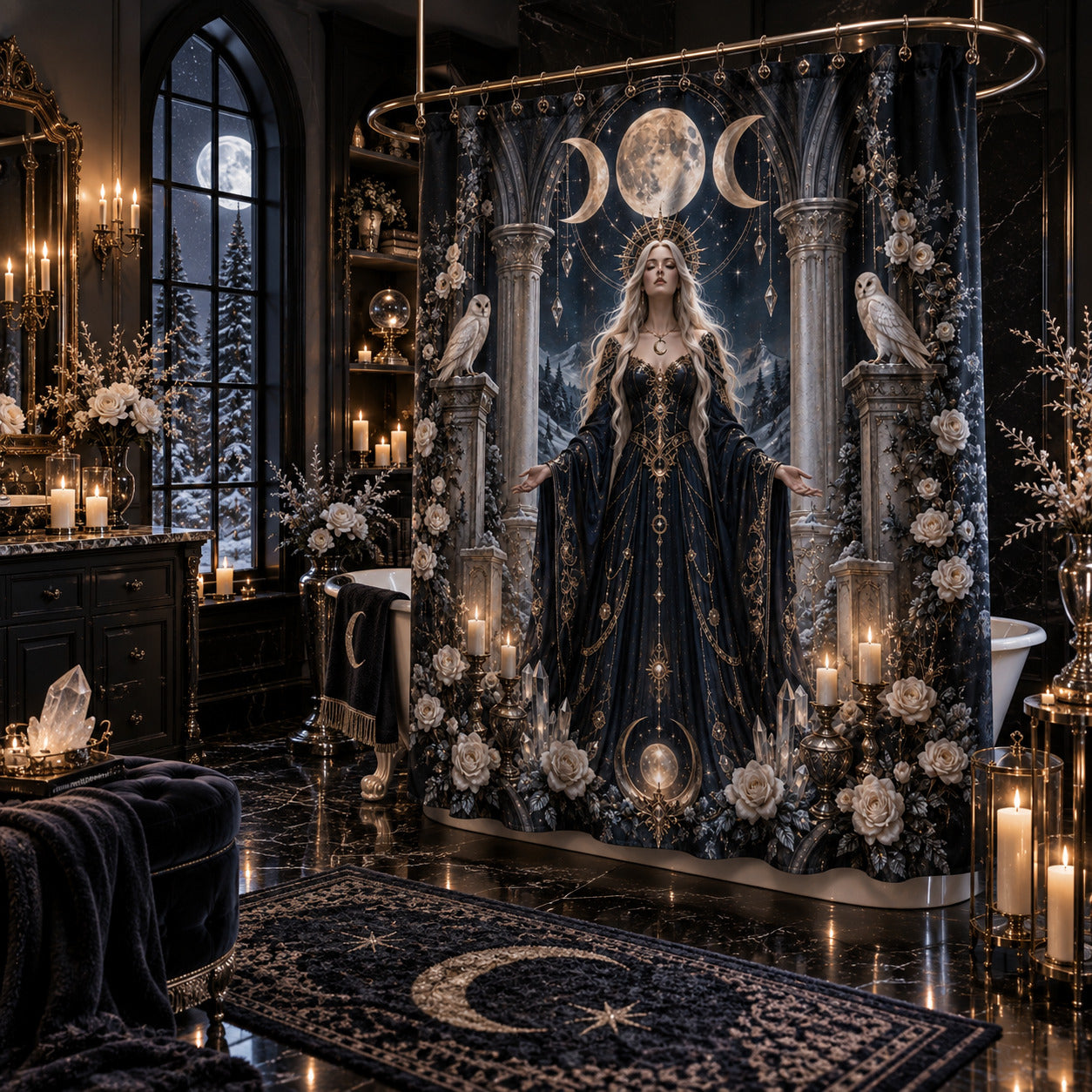 Moon Goddess Shower Curtain - Barn Owl Celestial Witch Decor, styled shot 2