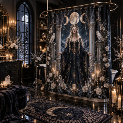 Moon Goddess Shower Curtain - Barn Owl Celestial Witch Decor, styled shot 2
