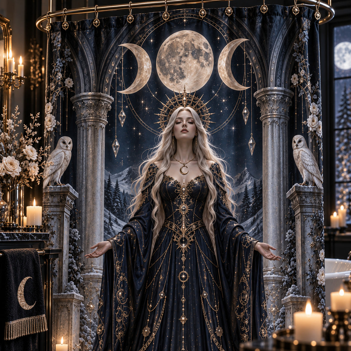 Moon Goddess Shower Curtain - Barn Owl Celestial Witch Decor, styled shot 3