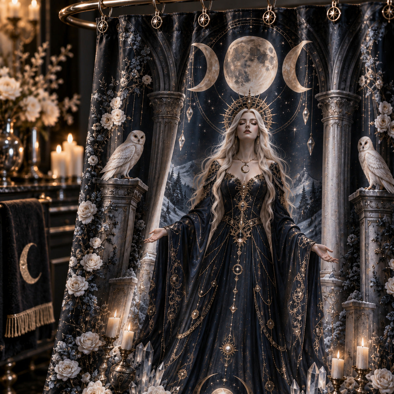 Moon Goddess Shower Curtain - Barn Owl Celestial Witch Decor, styled shot 4