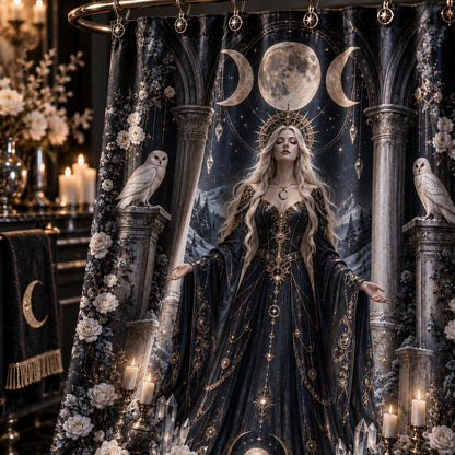 Moon Goddess Shower Curtain - Barn Owl Celestial Witch Decor, styled shot 4