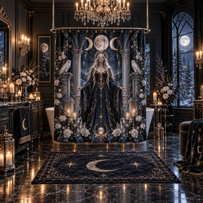 Moon Goddess Shower Curtain - Barn Owl Celestial Witch Decor, styled shot 5