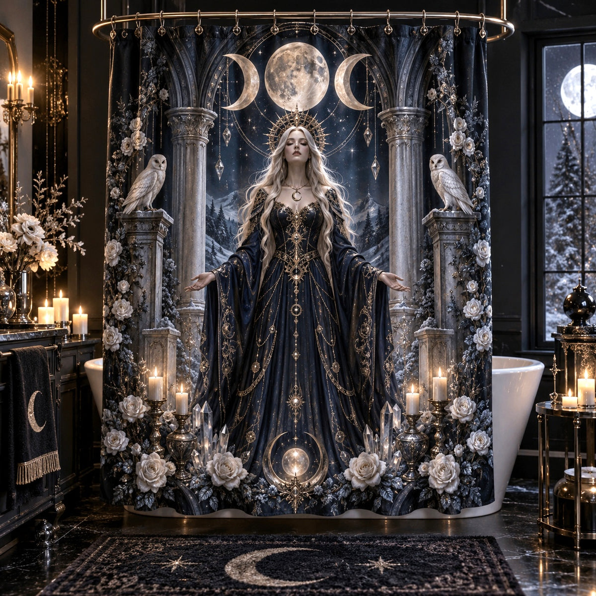 Moon Goddess Shower Curtain - Barn Owl Celestial Witch Decor