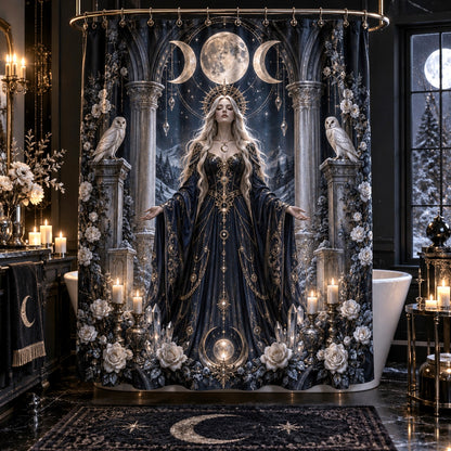 Moon Goddess Shower Curtain - Barn Owl Celestial Witch Decor